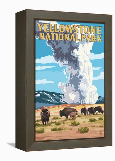 Yellowstone National Park - Old Faithful Geyser and Bison Herd-Lantern Press-Framed Stretched Canvas