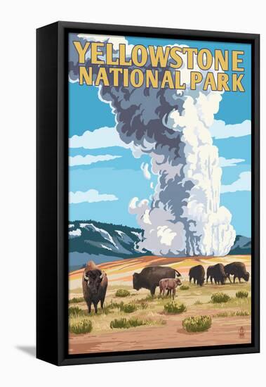 Yellowstone National Park - Old Faithful Geyser and Bison Herd-Lantern Press-Framed Stretched Canvas