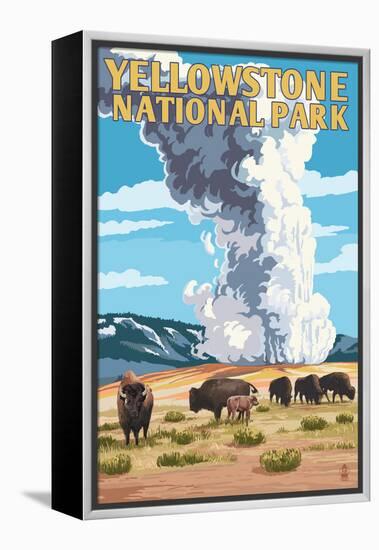 Yellowstone National Park - Old Faithful Geyser and Bison Herd-Lantern Press-Framed Stretched Canvas