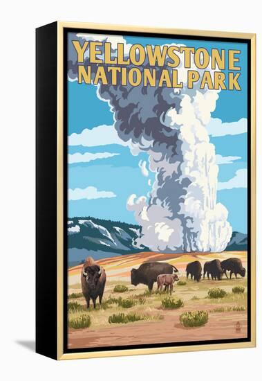 Yellowstone National Park - Old Faithful Geyser and Bison Herd-Lantern Press-Framed Stretched Canvas