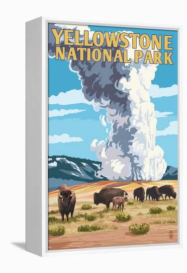 Yellowstone National Park - Old Faithful Geyser and Bison Herd-Lantern Press-Framed Stretched Canvas