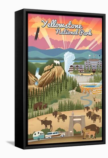 Yellowstone National Park - Retro View-Lantern Press-Framed Stretched Canvas