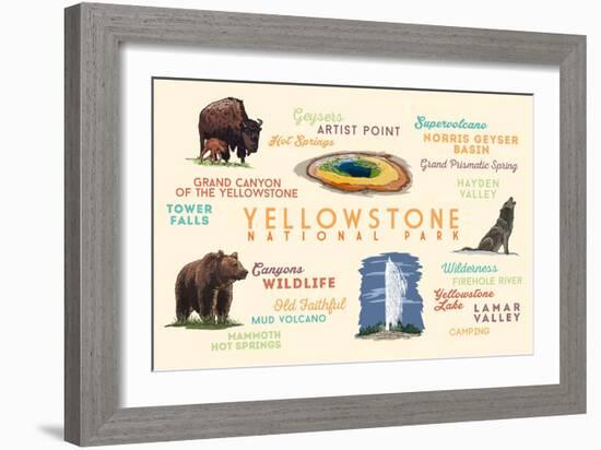 Yellowstone National Park - Typography and Icons-Lantern Press-Framed Art Print