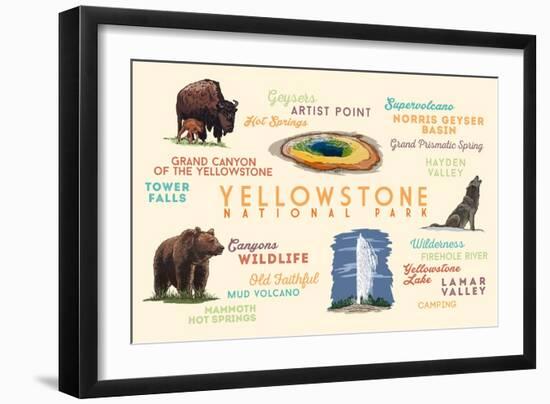 Yellowstone National Park - Typography and Icons-Lantern Press-Framed Art Print
