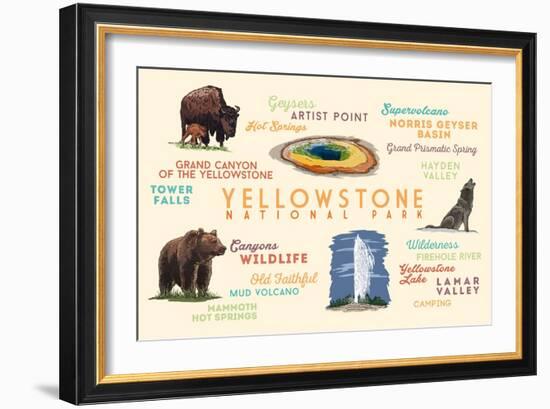 Yellowstone National Park - Typography and Icons-Lantern Press-Framed Art Print