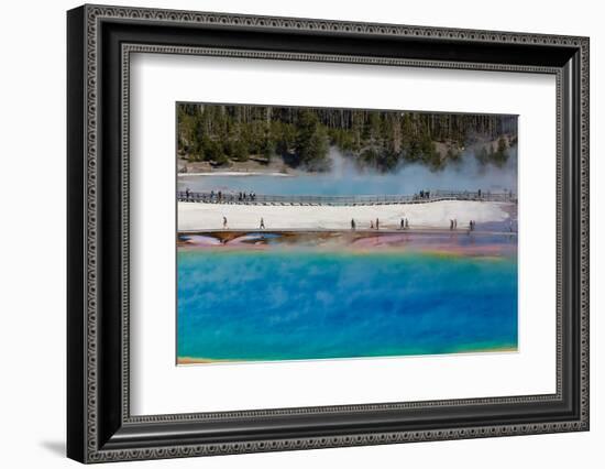 Yellowstone National Park, USA, Wyoming. Grand Prismatic Spring with tourist.-Jolly Sienda-Framed Photographic Print