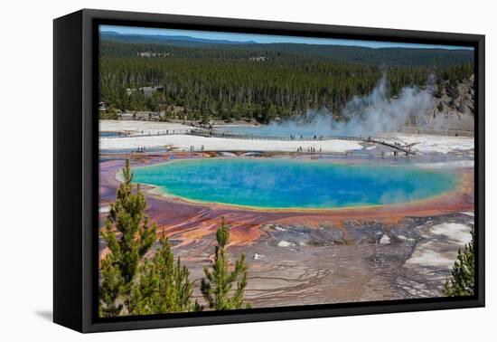 Yellowstone National Park, USA, Wyoming. Grand Prismatic Spring with tourist.-Jolly Sienda-Framed Premier Image Canvas