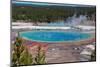 Yellowstone National Park, USA, Wyoming. Grand Prismatic Spring with tourist.-Jolly Sienda-Mounted Photographic Print