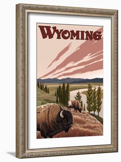 Yellowstone River Bison, Yellowstone National Park, Wyoming-Lantern Press-Framed Art Print