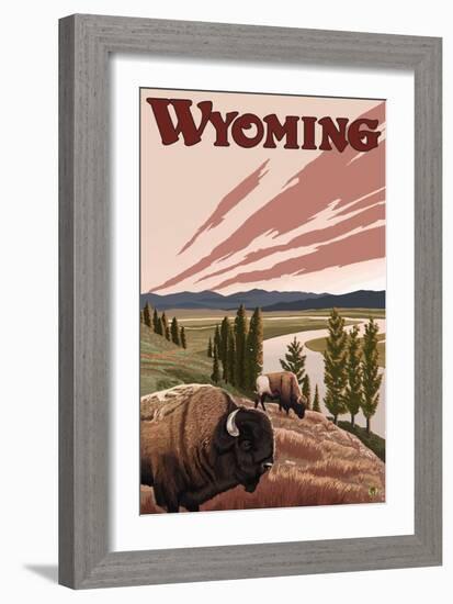 Yellowstone River Bison, Yellowstone National Park, Wyoming-Lantern Press-Framed Art Print