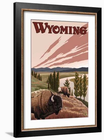 Yellowstone River Bison, Yellowstone National Park, Wyoming-Lantern Press-Framed Art Print