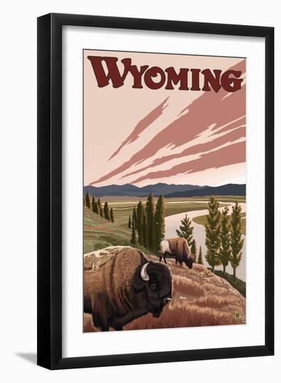 Yellowstone River Bison, Yellowstone National Park, Wyoming-Lantern Press-Framed Art Print