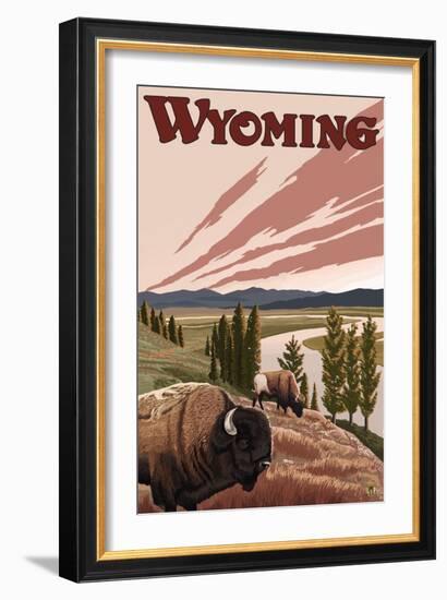 Yellowstone River Bison, Yellowstone National Park, Wyoming-Lantern Press-Framed Art Print