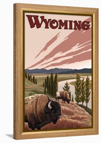 Yellowstone River Bison, Yellowstone National Park, Wyoming-Lantern Press-Framed Stretched Canvas