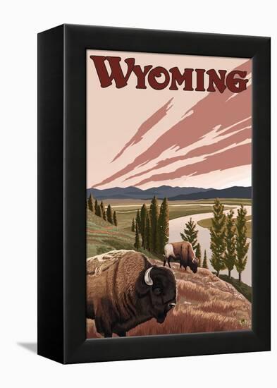 Yellowstone River Bison, Yellowstone National Park, Wyoming-Lantern Press-Framed Stretched Canvas