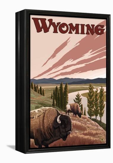 Yellowstone River Bison, Yellowstone National Park, Wyoming-Lantern Press-Framed Stretched Canvas