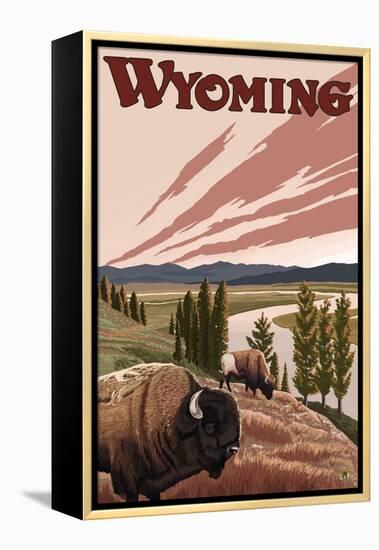 Yellowstone River Bison, Yellowstone National Park, Wyoming-Lantern Press-Framed Stretched Canvas