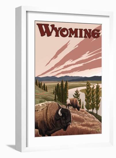 Yellowstone River Bison, Yellowstone National Park, Wyoming-Lantern Press-Framed Premium Giclee Print