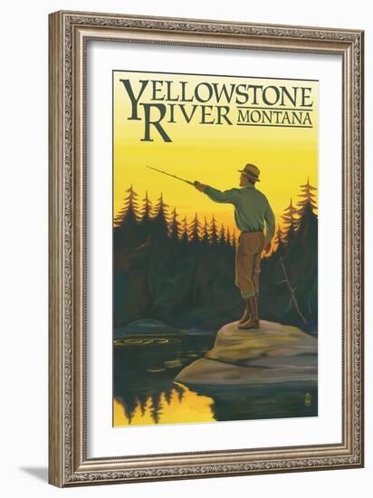 Yellowstone River, Montana - Fly Fishing Scene-Lantern Press-Framed Premium Giclee Print