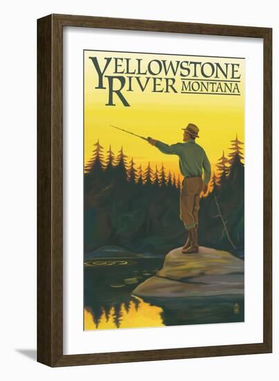 Yellowstone River, Montana - Fly Fishing Scene-Lantern Press-Framed Premium Giclee Print