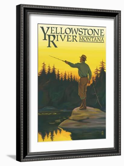 Yellowstone River, Montana - Fly Fishing Scene-Lantern Press-Framed Premium Giclee Print