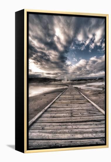 Yellowstone, Wyoming: a Wooden Path Going Through Norris Geyser Basin on a Cloudy Sunset-Brad Beck-Framed Premier Image Canvas