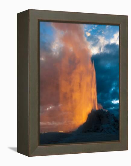 Yelowstone, Wy: White Dome Geyser Erupting with the Sun Setting Behind It-Brad Beck-Framed Premier Image Canvas