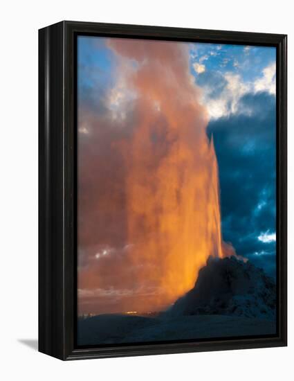 Yelowstone, Wy: White Dome Geyser Erupting with the Sun Setting Behind It-Brad Beck-Framed Premier Image Canvas