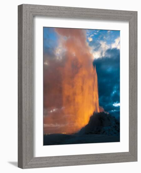 Yelowstone, Wy: White Dome Geyser Erupting with the Sun Setting Behind It-Brad Beck-Framed Photographic Print