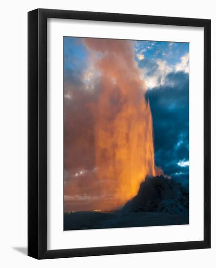 Yelowstone, Wy: White Dome Geyser Erupting with the Sun Setting Behind It-Brad Beck-Framed Photographic Print
