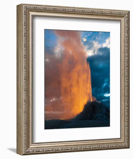 Yelowstone, Wy: White Dome Geyser Erupting with the Sun Setting Behind It-Brad Beck-Framed Photographic Print