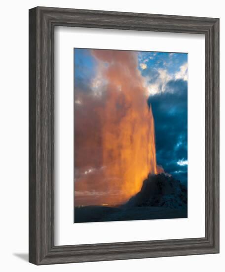 Yelowstone, Wy: White Dome Geyser Erupting with the Sun Setting Behind It-Brad Beck-Framed Photographic Print