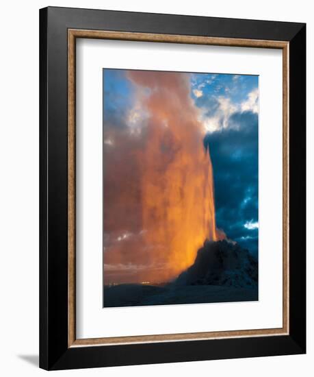 Yelowstone, Wy: White Dome Geyser Erupting with the Sun Setting Behind It-Brad Beck-Framed Photographic Print