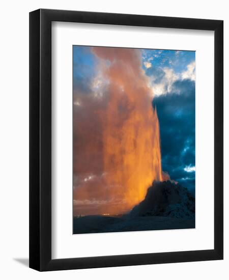 Yelowstone, Wy: White Dome Geyser Erupting with the Sun Setting Behind It-Brad Beck-Framed Photographic Print