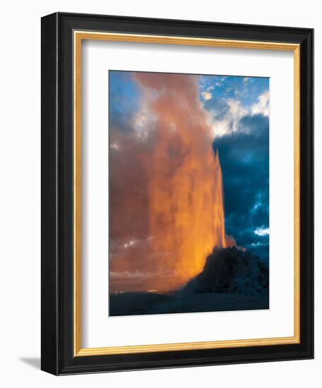 Yelowstone, Wy: White Dome Geyser Erupting with the Sun Setting Behind It-Brad Beck-Framed Photographic Print