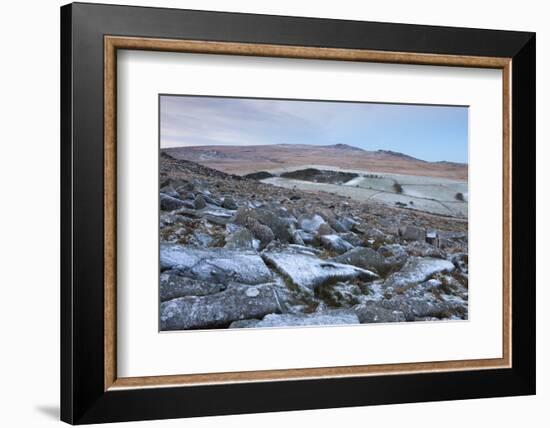 Yes Tor and High Willhays from Frosted Granite Rocks of Belstone Tor, Dartmoor National Park, Devon-Adam Burton-Framed Photographic Print