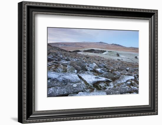 Yes Tor and High Willhays from Frosted Granite Rocks of Belstone Tor, Dartmoor National Park, Devon-Adam Burton-Framed Photographic Print