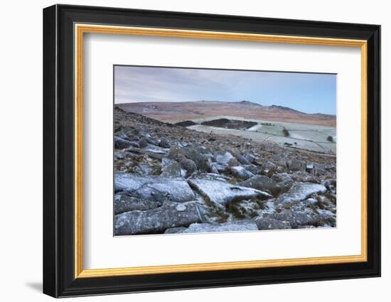 Yes Tor and High Willhays from Frosted Granite Rocks of Belstone Tor, Dartmoor National Park, Devon-Adam Burton-Framed Photographic Print