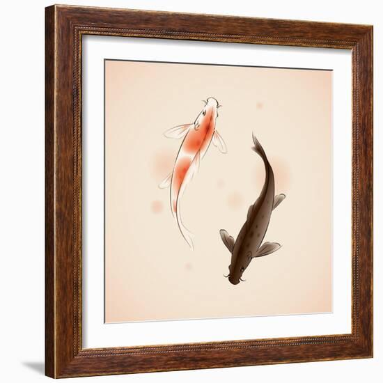 Yin Yang Koi Fishes In Oriental Style Painting-ori-artiste-Framed Premium Giclee Print