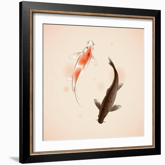 Yin Yang Koi Fishes In Oriental Style Painting-ori-artiste-Framed Premium Giclee Print