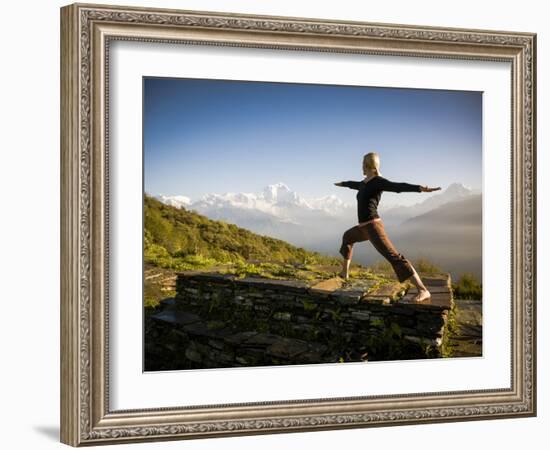 Yoga  in the Morning Sun Upon Poon Hill Along the  Anapurna Circuit - Ghorepani, Nepal-Dan Holz-Framed Photographic Print