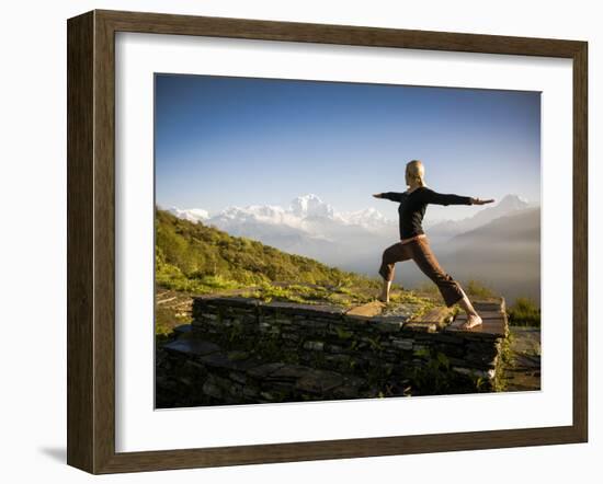 Yoga  in the Morning Sun Upon Poon Hill Along the  Anapurna Circuit - Ghorepani, Nepal-Dan Holz-Framed Photographic Print