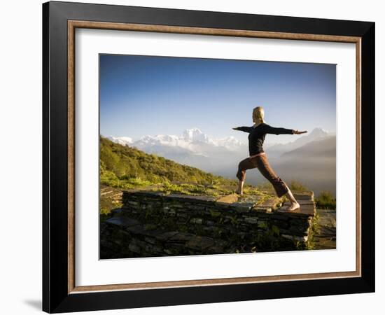 Yoga  in the Morning Sun Upon Poon Hill Along the  Anapurna Circuit - Ghorepani, Nepal-Dan Holz-Framed Photographic Print