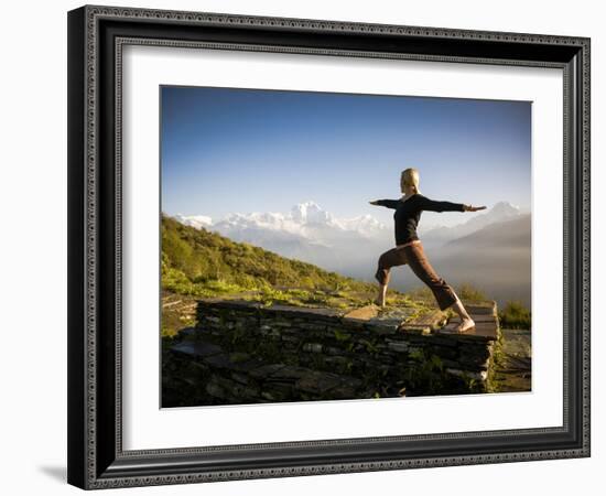 Yoga  in the Morning Sun Upon Poon Hill Along the  Anapurna Circuit - Ghorepani, Nepal-Dan Holz-Framed Photographic Print