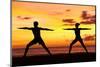 Yoga People Training and Meditating in Warrior Pose Outside by Beach at Sunrise or Sunset-Maridav-Mounted Photographic Print