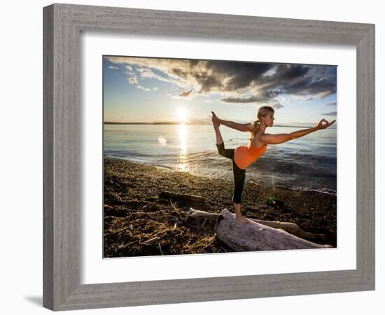 Yoga Position: Dance Pose on the Beach of Lincoln Park - West Seattle, Washington-Dan Holz-Framed Photographic Print