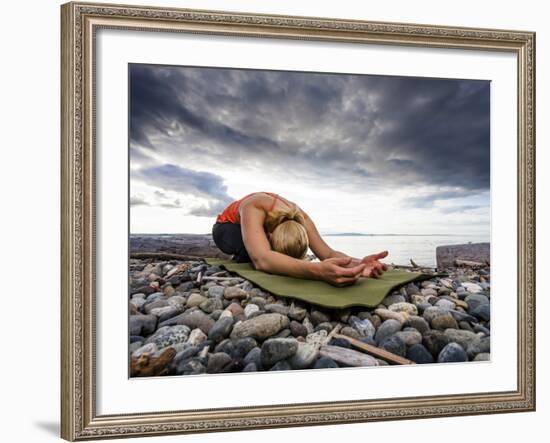 Yoga Position of Child's Pose in Lincoln Park - West Seattle, Washington-Dan Holz-Framed Photographic Print