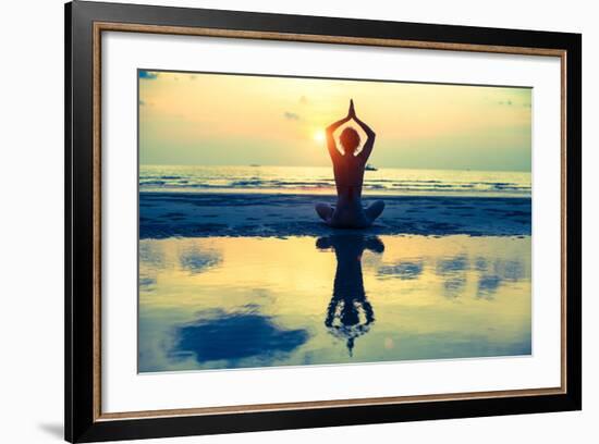 Yoga Woman Sitting In Lotus Pose On The Beach During Sunset-De Visu-Framed Premium Giclee Print