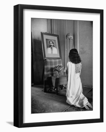 Yogi Sri Aurobindo's Photograph Being Worshipped by Woman in Sari-Eliot Elisofon-Framed Photographic Print