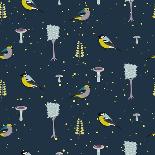 Dark Blue Forest Seamless Pattern with Birds. Trees and Mushrooms Night Forest Background.-YoPixArt-Mounted Art Print
